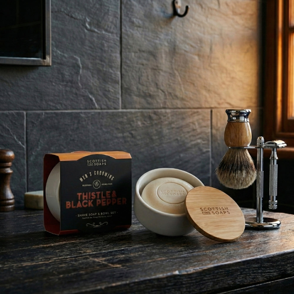 Thistle & Black Pepper shaving soap in a ceramic bowl with bamboo lid beside a basin