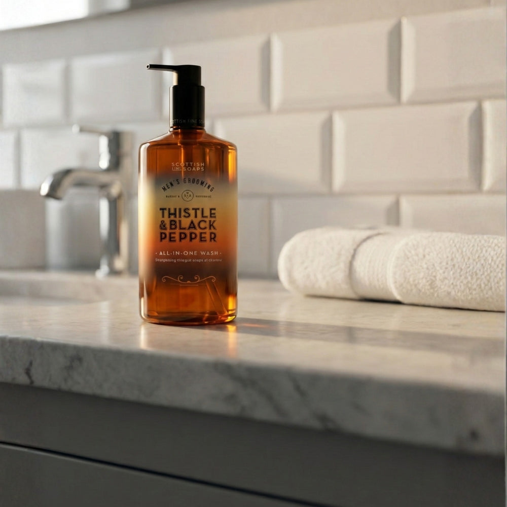 Thistle & Black Pepper All-in-One Wash beside a basin with folded towels