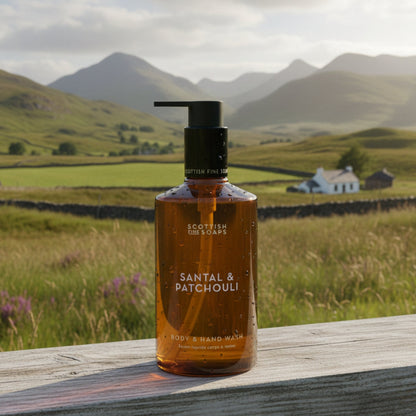 Santal & Patchouli Body & Hand Wash on wood overlooking a green mountain landscape