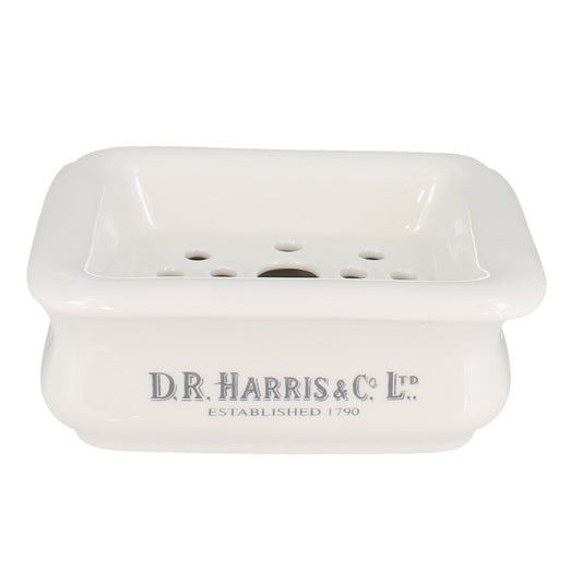 White ceramic soap dish with 'DR. HARRIS & CO.' branding on a white background