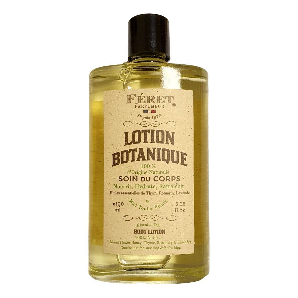 Féret Parfumeur Botanical Body Lotion 100ml with natural oils of thyme, rosemary, lavender and citrus in a recyclable aluminium bottle. Front View