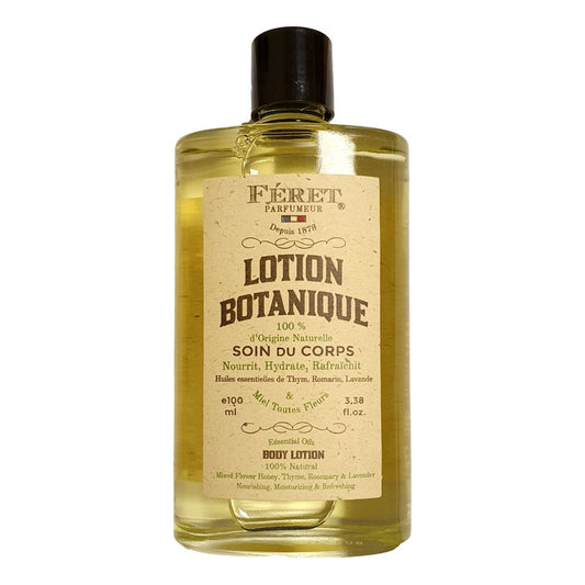 Féret Parfumeur Botanical Body Lotion 100ml with natural oils of thyme, rosemary, lavender and citrus in a recyclable aluminium bottle. Front View