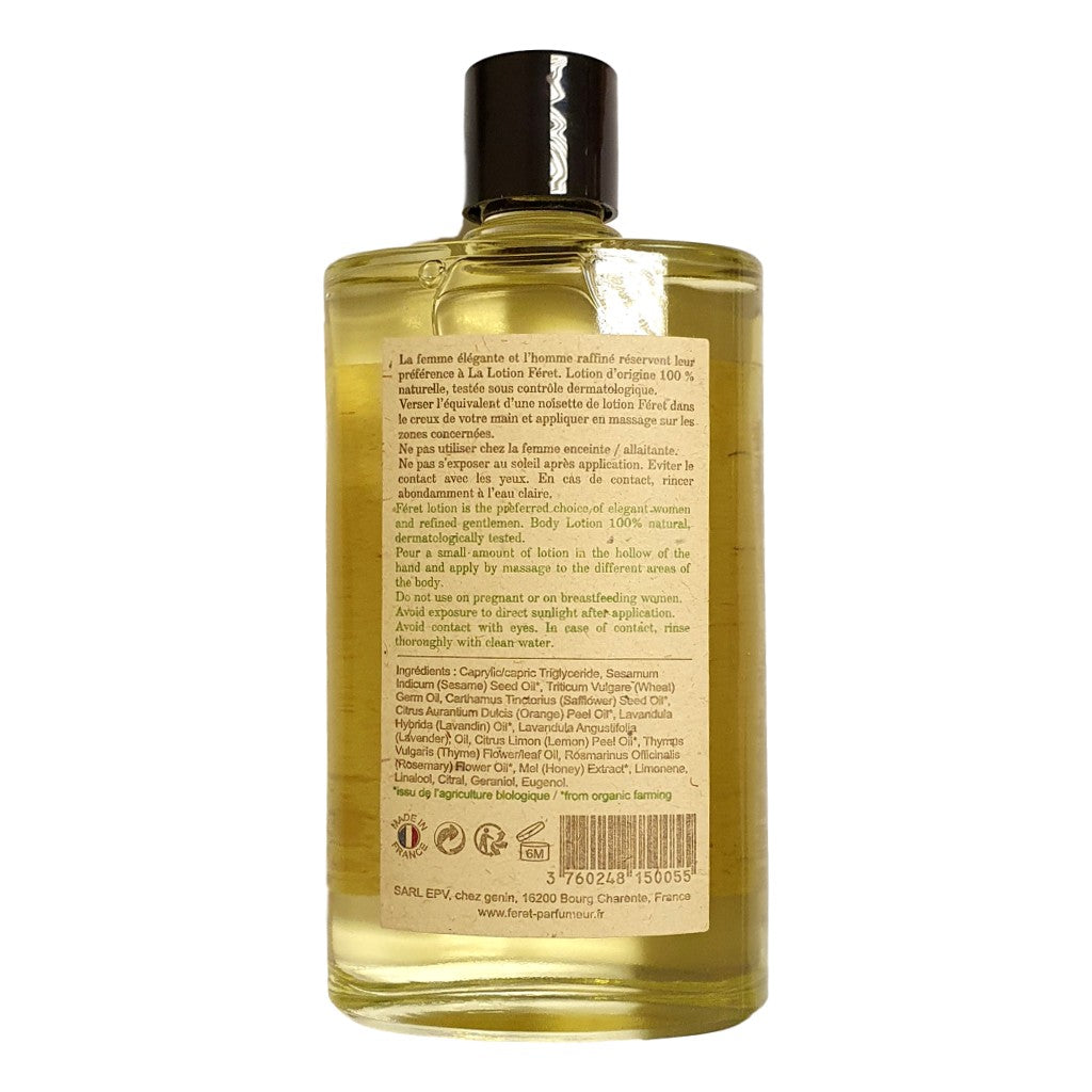 Féret Parfumeur Botanical Body Lotion 100ml with natural oils of thyme, rosemary, lavender and citrus in a recyclable aluminium bottle. Back View