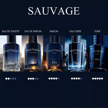Dior Sauvage perfume bottles displayed with different strengths on a dark background