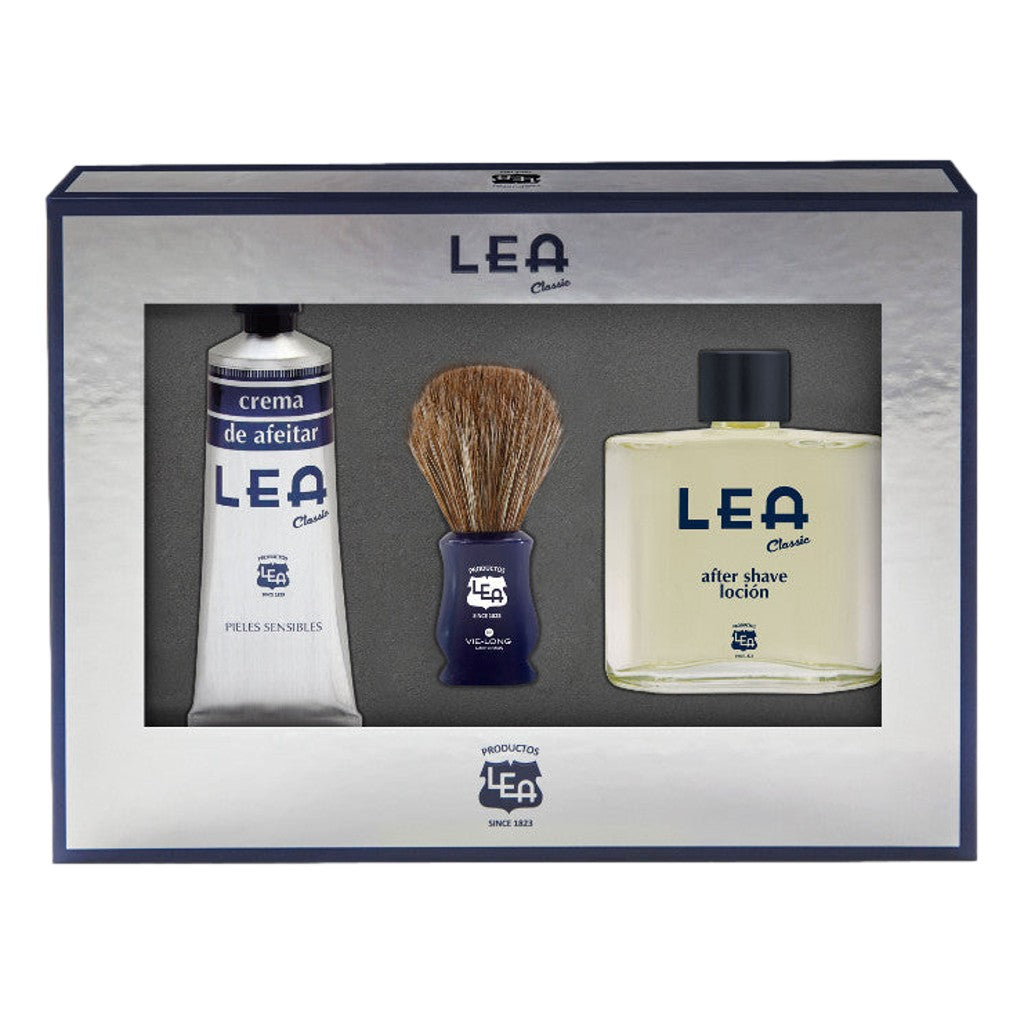 LEA Classic Shaving Set containing shaving cream in a tube, a horsehair shaving brush by Vie-Long, and after shave lotion in a gift box.