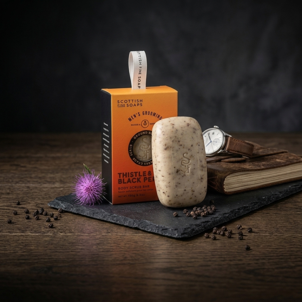 Thistle & Black Pepper textured Body Scrub Bar with its box and thistle flowers