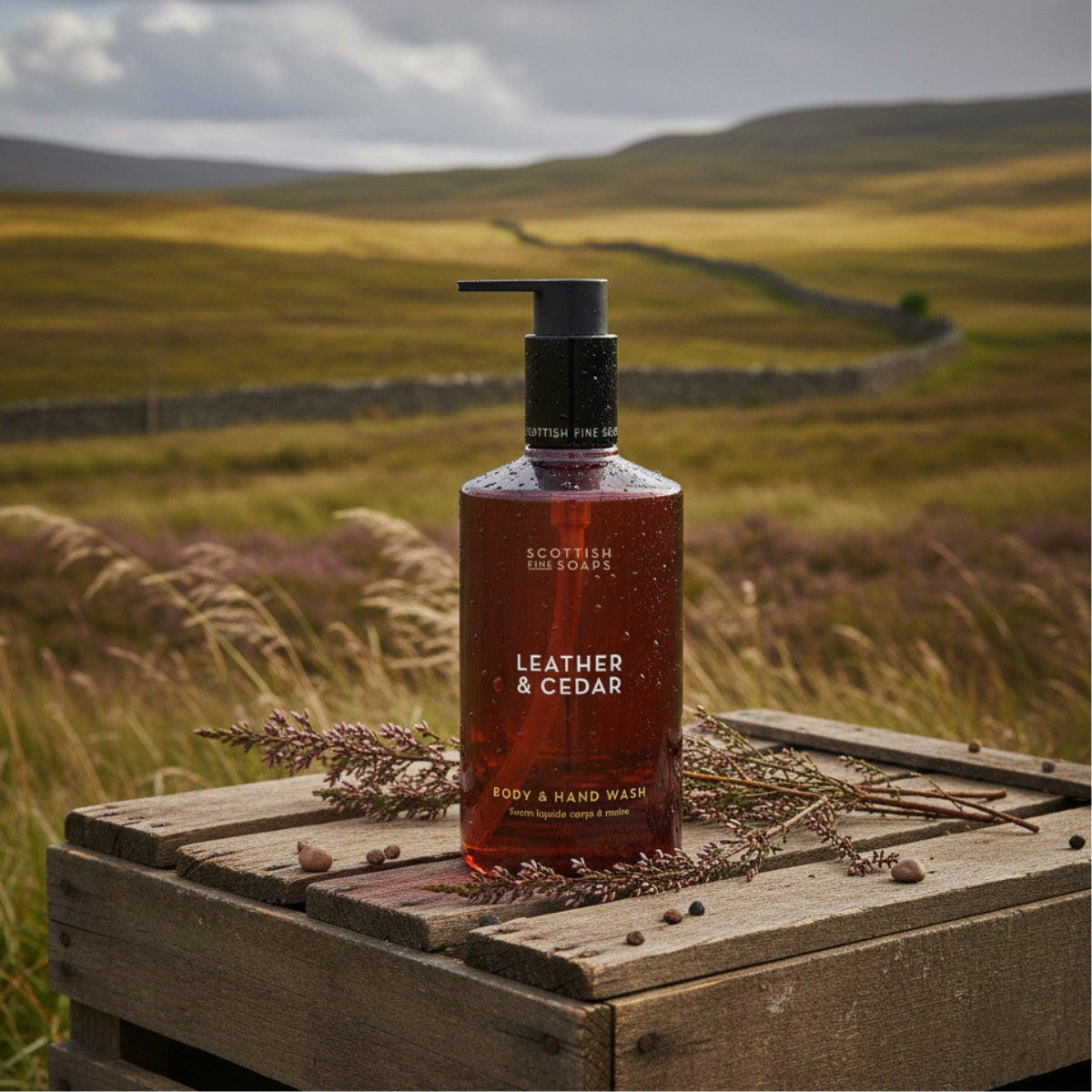 Leather & Cedar Body & Hand Wash on a wooden crate overlooking hills