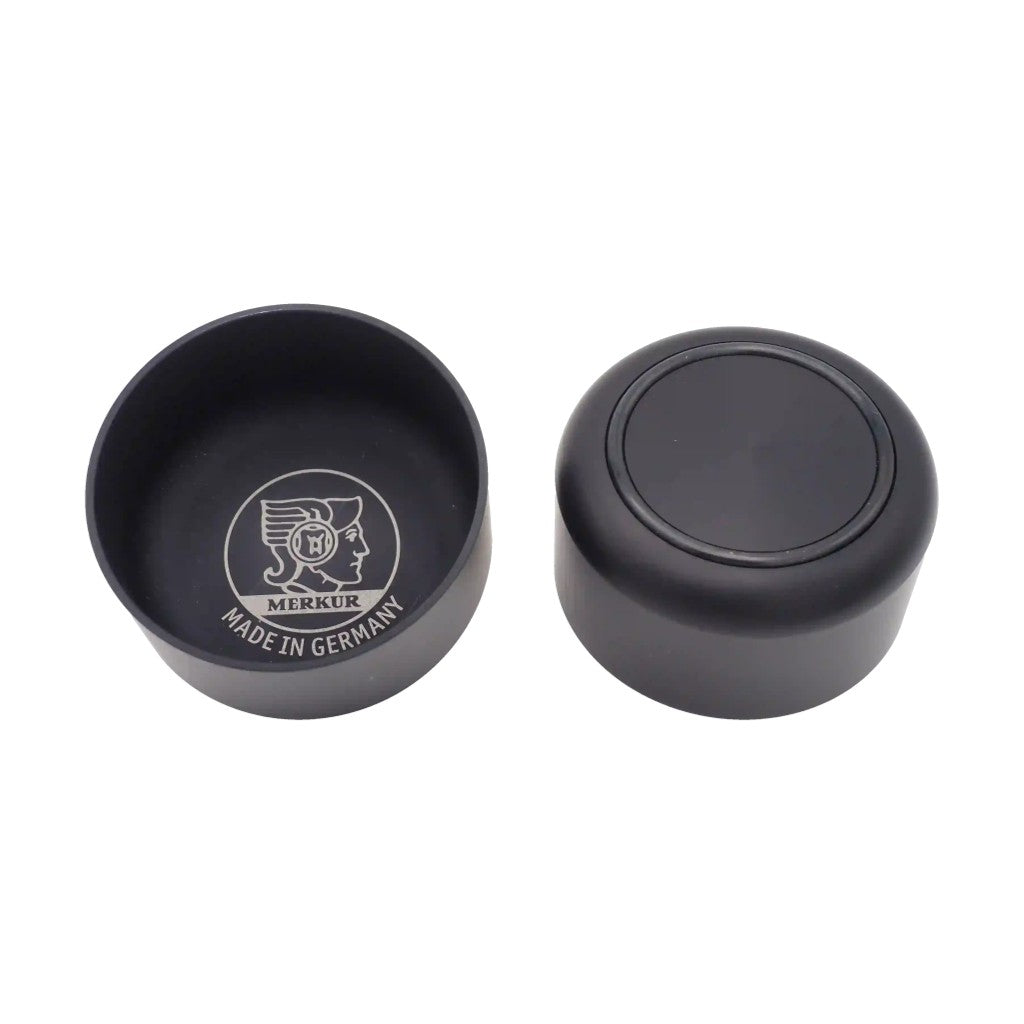 Merkur 4000 black anodised aluminium shaving bowl with laser engraved logo and non slip base - Top & Bottom View