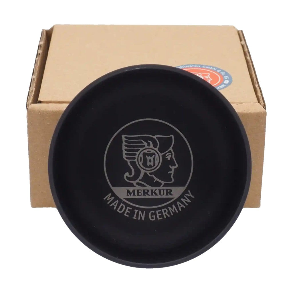 Merkur 4000 black anodised aluminium shaving bowl with laser engraved logo and non slip base - Top Down with Box