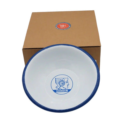 Merkur 4010 white and blue enamel shaving bowl with printed logo and wide lathering surface - in front of box