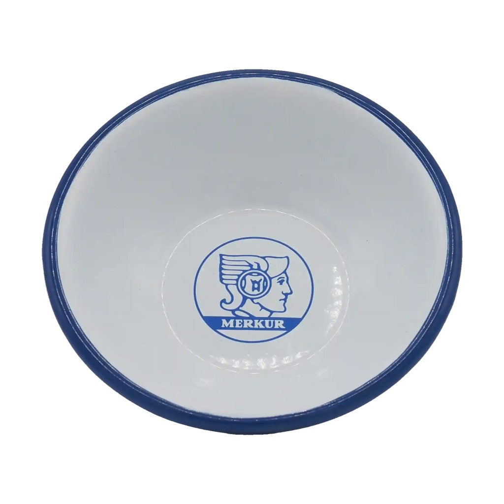 Merkur 4010 white and blue enamel shaving bowl with printed logo and wide lathering surface - Top View