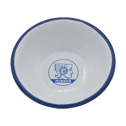 Merkur 4010 white and blue enamel shaving bowl with printed logo and wide lathering surface - Top View
