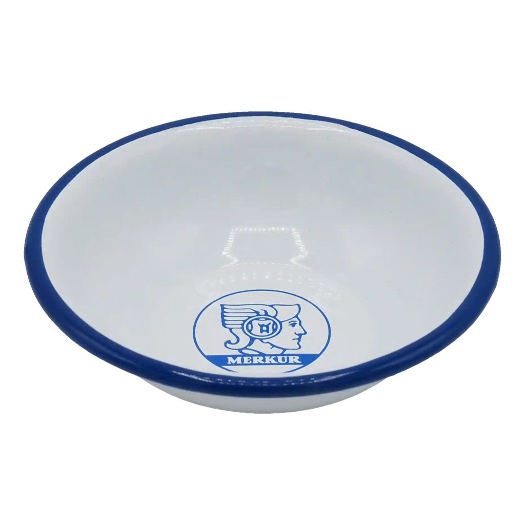 Merkur 4010 white and blue enamel shaving bowl with printed logo and wide lathering surface - Side View