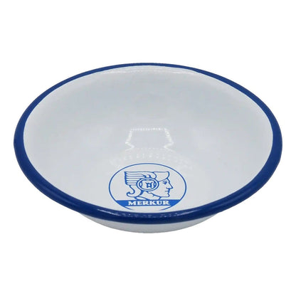 Merkur 4010 white and blue enamel shaving bowl with printed logo and wide lathering surface - Side View