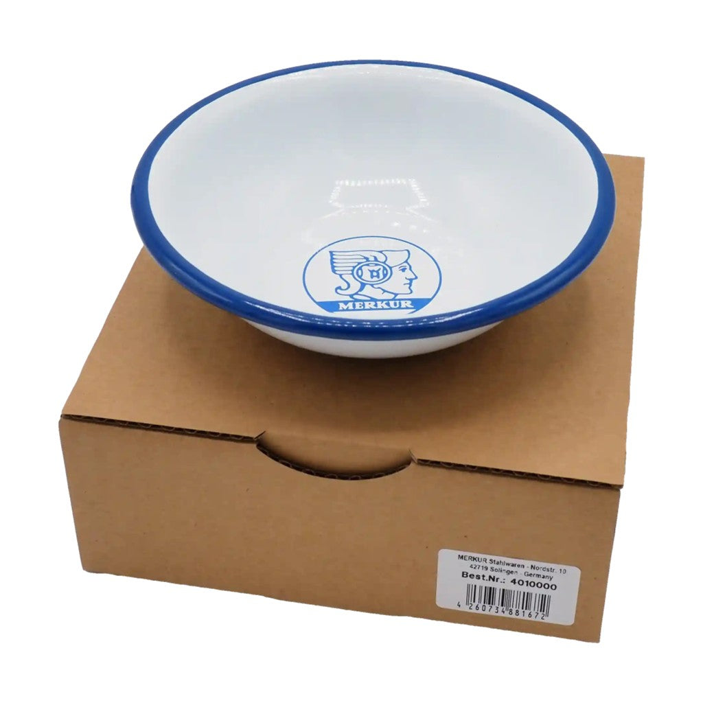 Merkur 4010 white and blue enamel shaving bowl with printed logo and wide lathering surface - with box