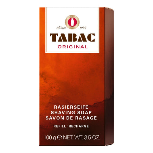 Tabac Original Shaving Soap Stick Refill 100g outer packaging for smooth, luxurious shaving.