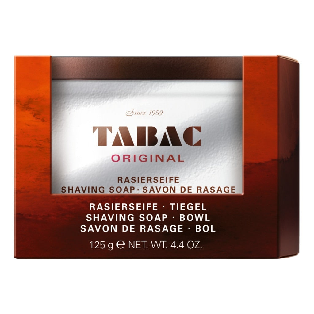 Tabac Original Shaving Soap Bowl 125g in its classic packaging, featuring a sleek design with bold branding.