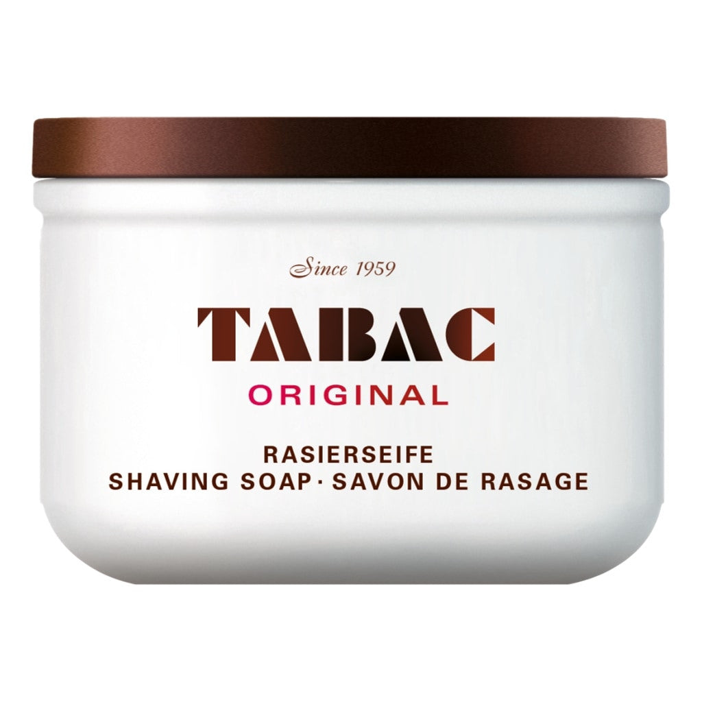 Tabac Original Shaving Soap Bowl 125g, a white reusable shaving bowl with a brown lid and iconic Tabac Original branding.