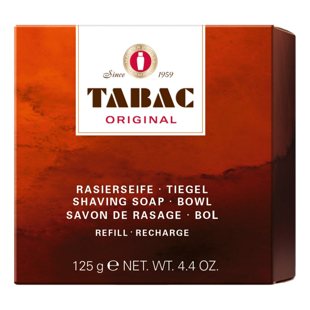 Tabac Original Shaving Soap Refill 125g in packaging – red and white box with product details and branding for refill soap.