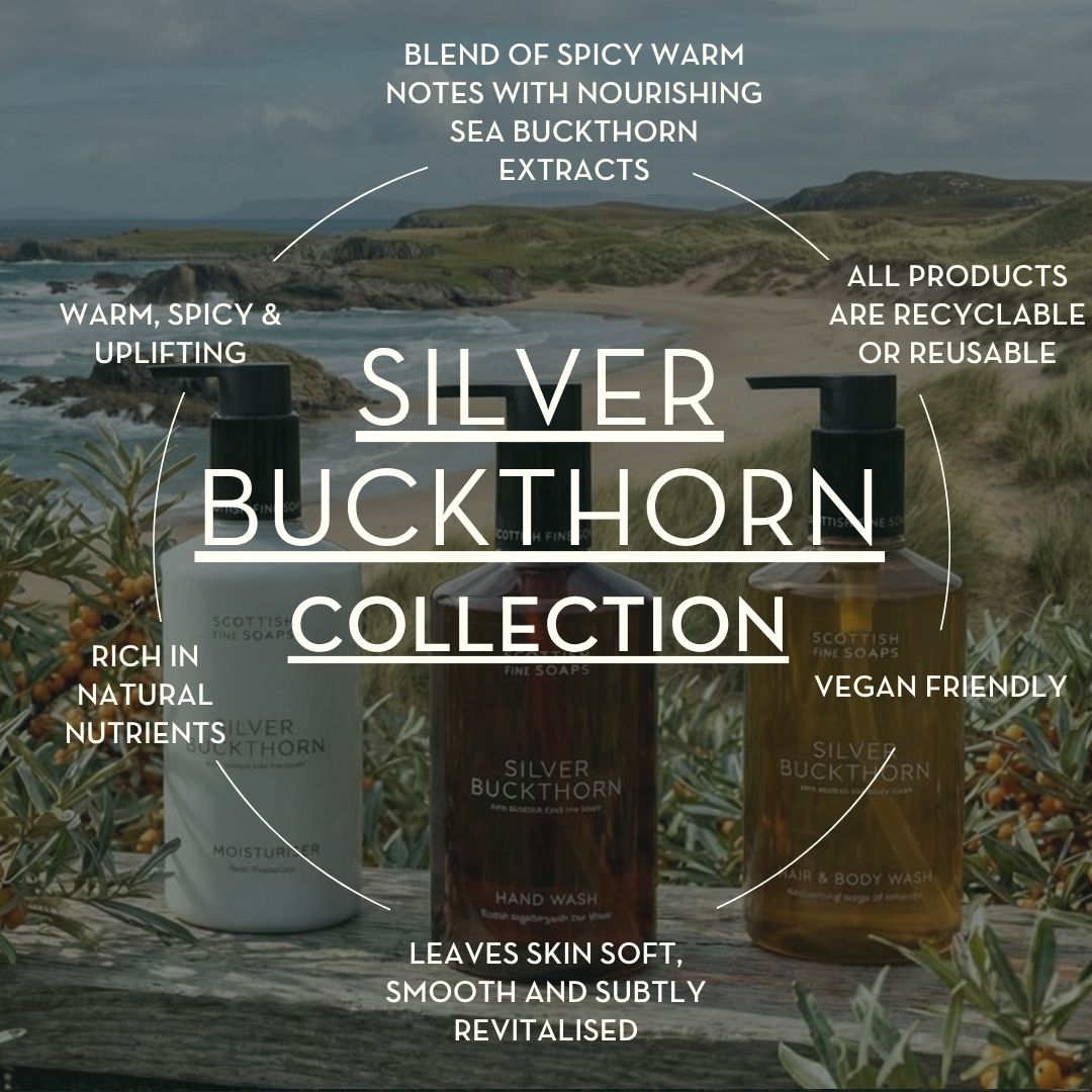 Silver Buckthorn collection graphic describing the fragrance and range features