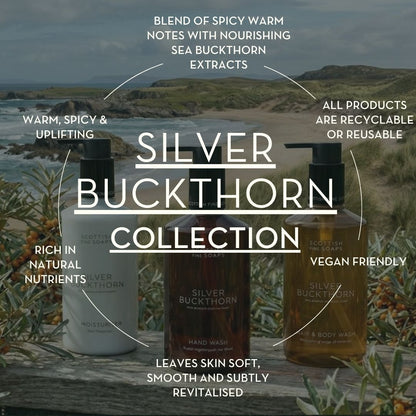Silver Buckthorn collection graphic describing the fragrance and range features