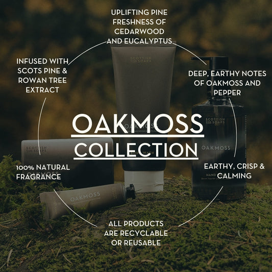 Oakmoss collection graphic showing woodland fragrance notes and range features
