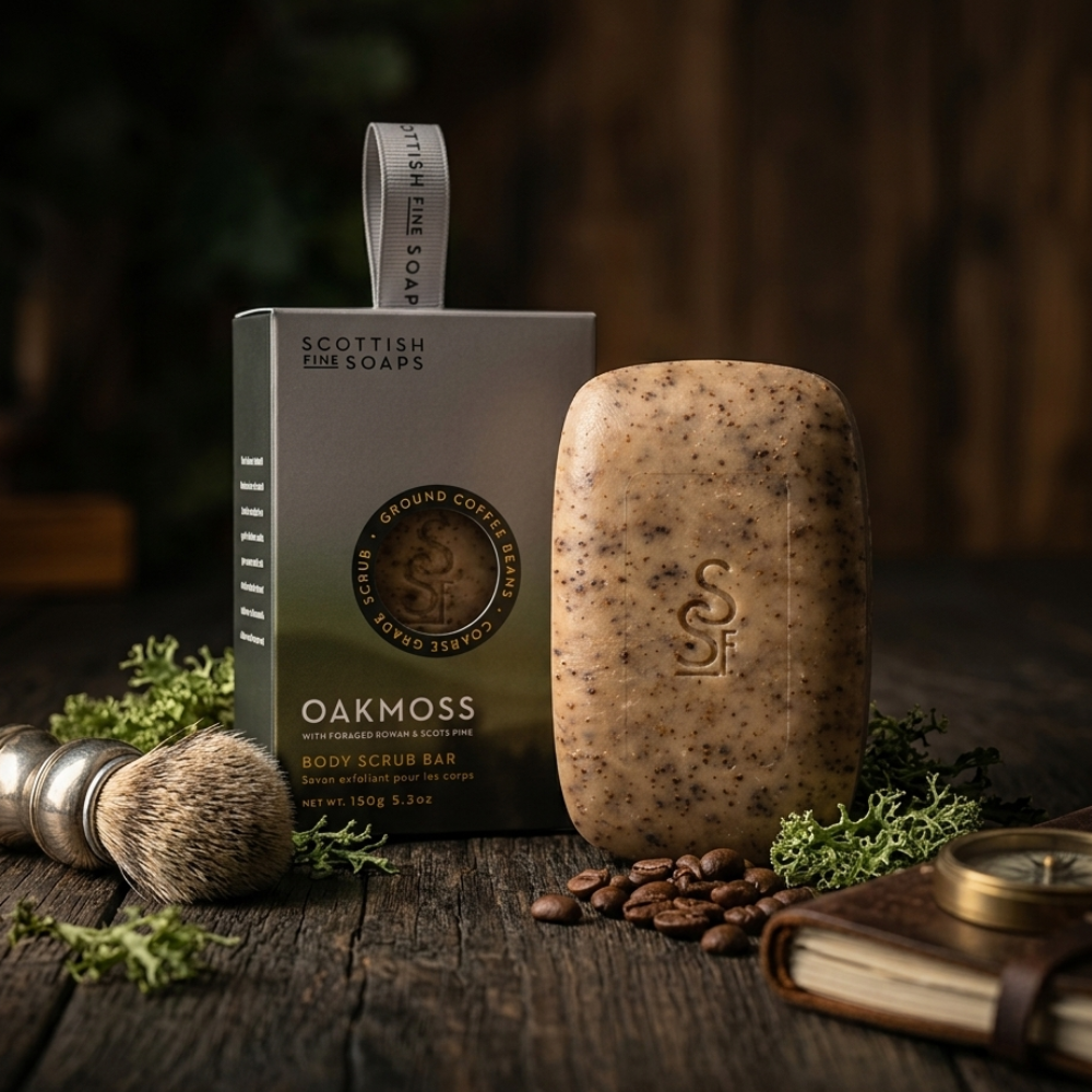 Oakmoss coffee-textured Body Scrub Bar with its box, coffee beans and moss