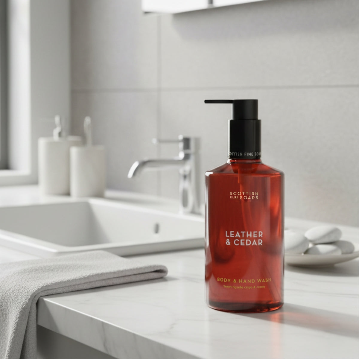 Red-brown Leather & Cedar Body & Hand Wash pump bottle on a bright bathroom basin