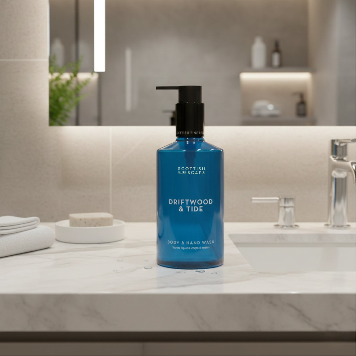 Driftwood & Tide Body & Hand Wash pump bottle beside a bathroom basin