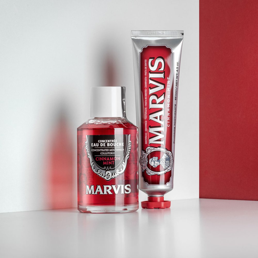 Marvis Cinnamon Mint Mouthwash 120ml bottle and cap detail