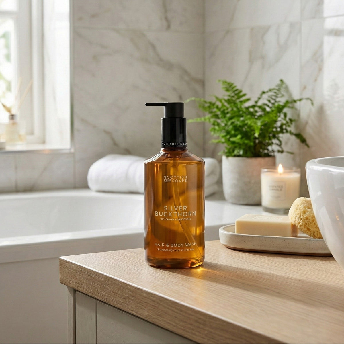 Silver Buckthorn Hair & Body Wash beside rolled towels and plants in a bathroom