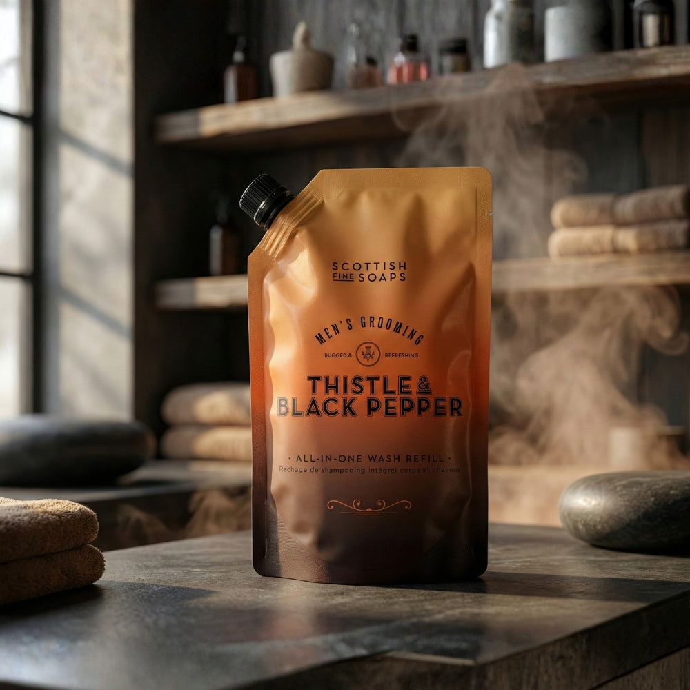 Thistle & Black Pepper All-in-One Wash refill pouch beside stacked towels