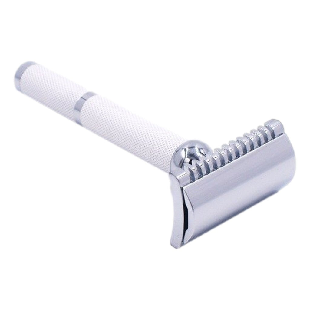 Side view of the Parker 70C Open Comb Safety Razor showcasing its white and chrome-plated brass handle with a textured grip.