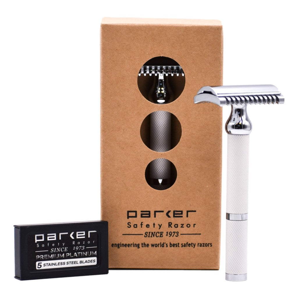 Parker 70C Safety Razor displayed with its packaging and a box of Parker Premium Platinum blades, highlighting its modern white and chrome finish.