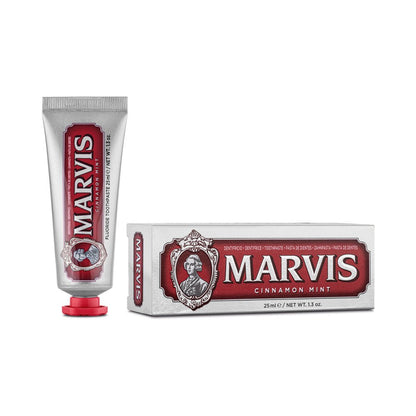 Marvis Cinnamon Mint Toothpaste 25ml tube and carton front