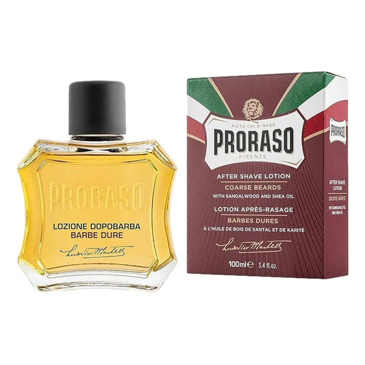 Proraso Red After Shave Lotion 100ml bottle with sandalwood oil and shea butter for post shave care with box packaging