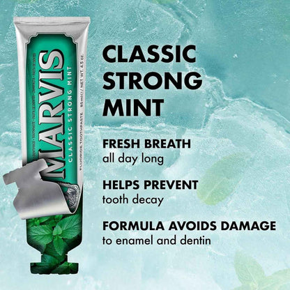 Marvis Classic Strong Mint Toothpaste 85ml tube front detail