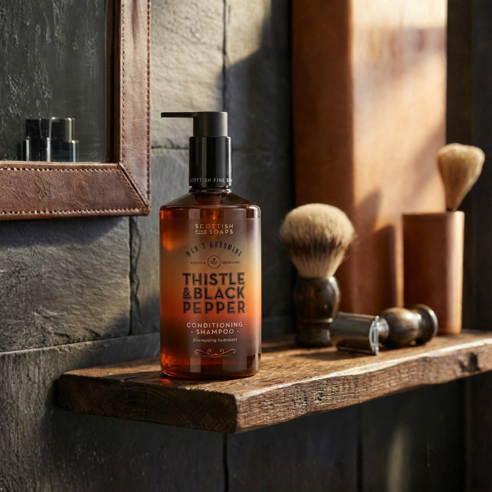 Thistle & Black Pepper Conditioning Shampoo beside a shaving brush and razor