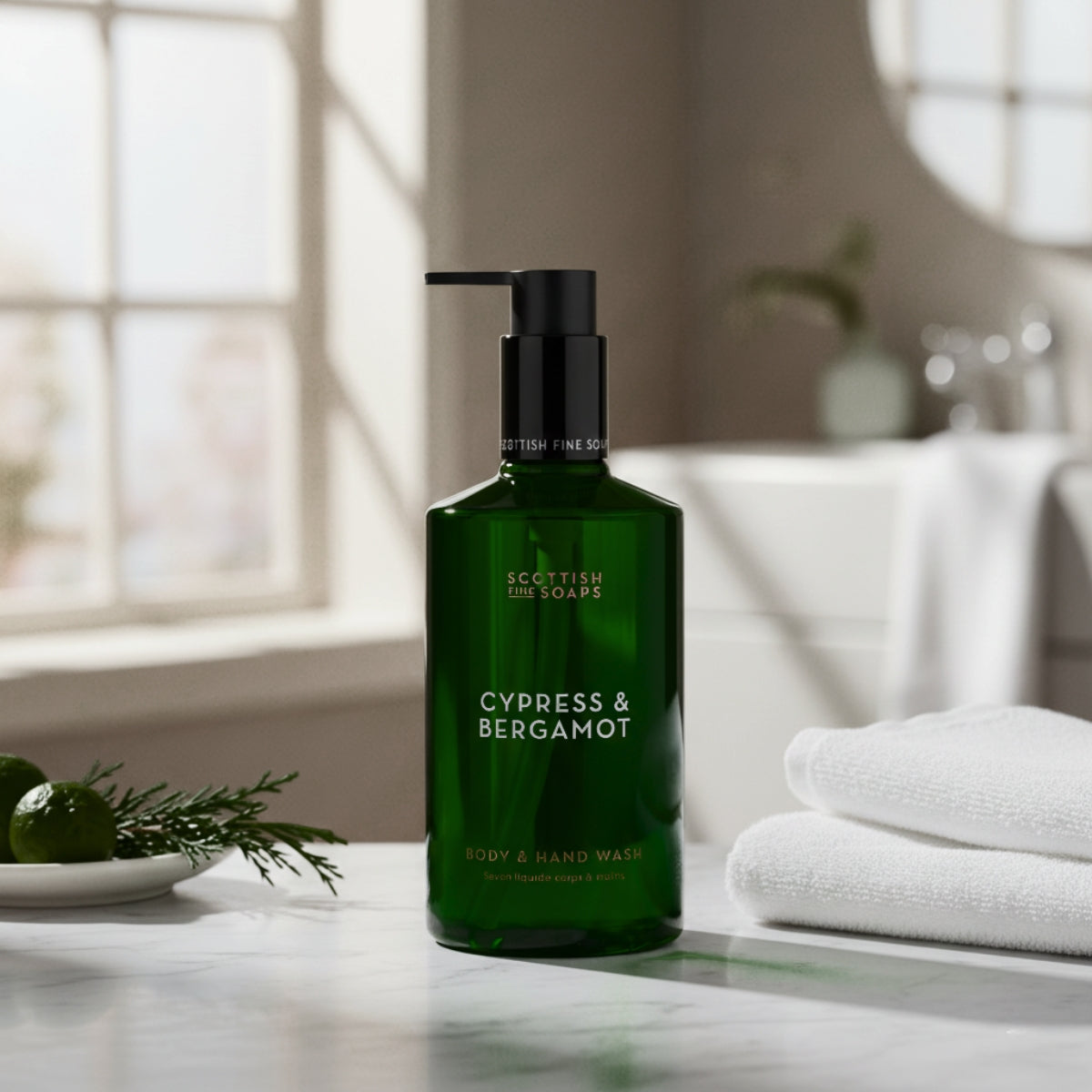 Cypress & Bergamot Body & Hand Wash beside towels and a sunny bathroom window