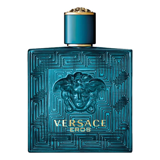 Versace Eros perfume bottle with intricate design and blue color on a white background
