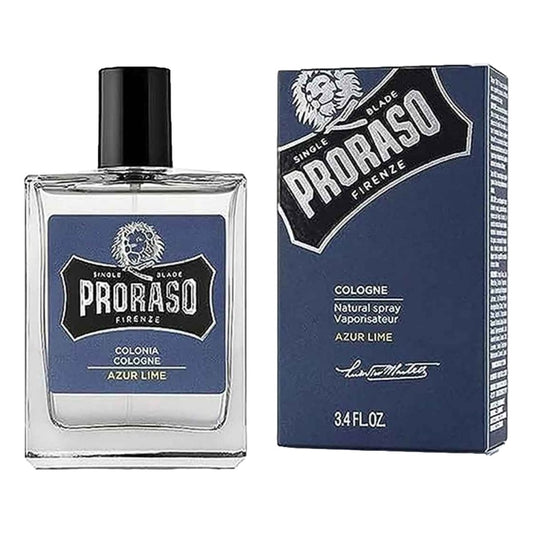 Proraso Azur Lime Cologne 100ml bottle with fresh citrus fragrance and clean barbershop scent with packaging