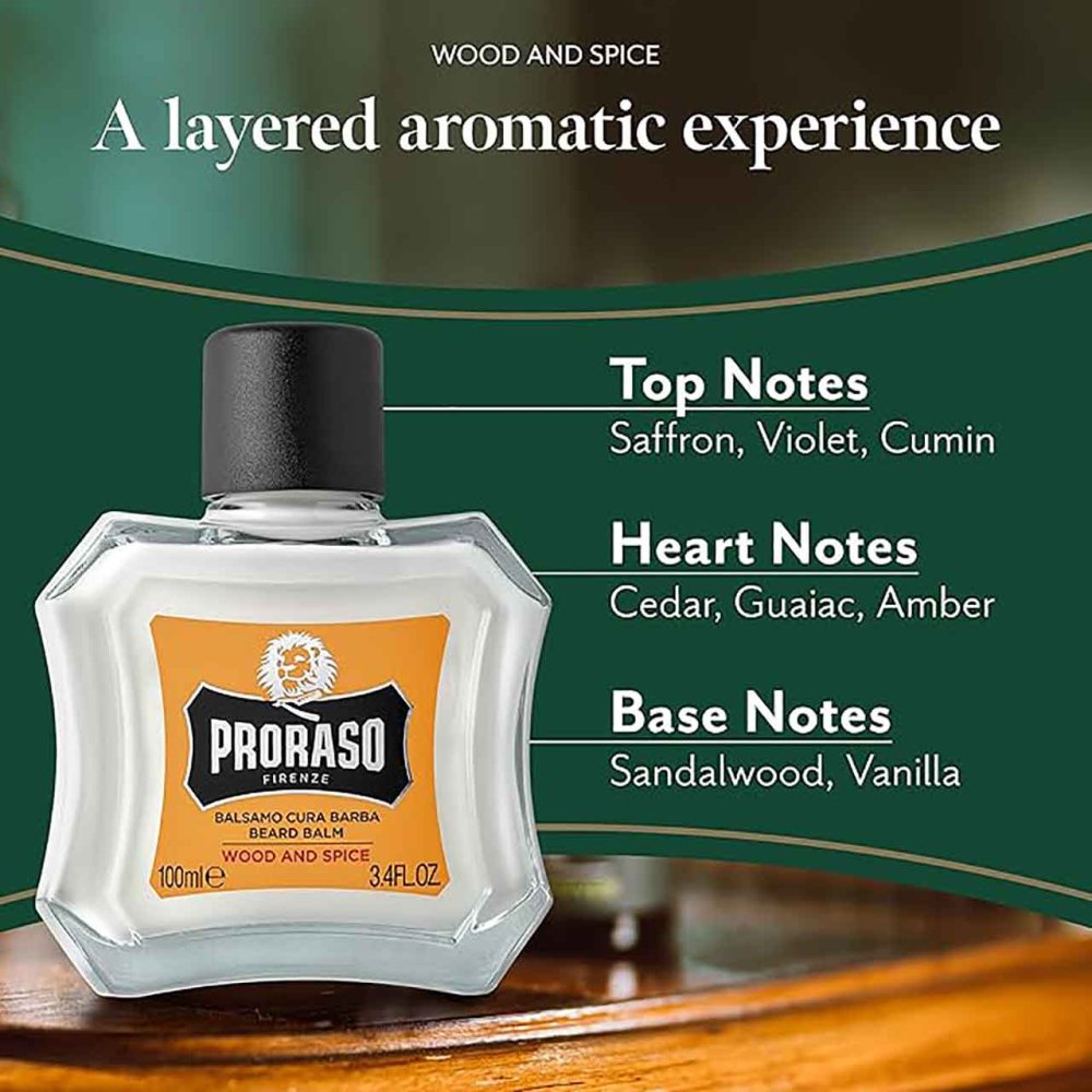 Proraso beard balm bottle with notes on a wooden surface