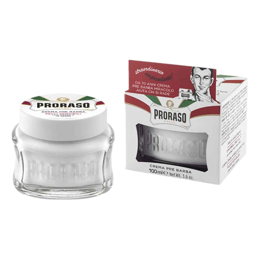 Proraso White Sensitive Pre-Shave Cream 100ml with green tea and oat extract for sensitive skin with packaging