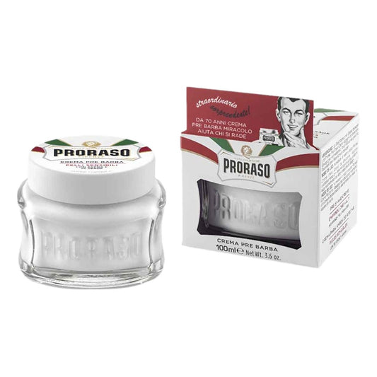 Proraso White Sensitive Pre-Shave Cream 100ml with green tea and oat extract for sensitive skin with packaging