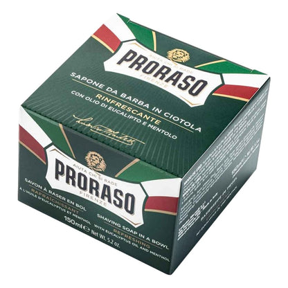 Proraso Green Shaving Soap in bowl 150ml with eucalyptus oil and menthol for wet shaving packaging