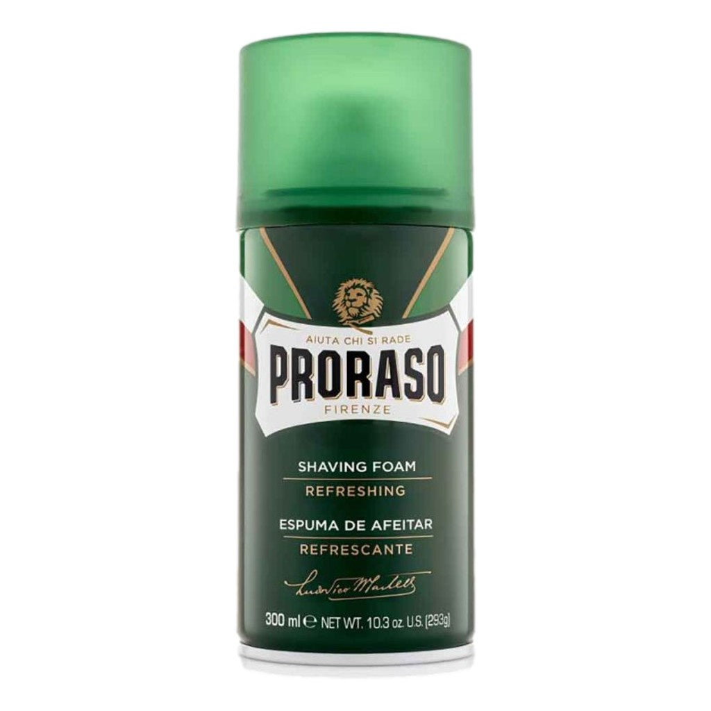 Proraso Green Shaving Foam 300ml aerosol with eucalyptus oil and menthol for a fresh comfortable shave