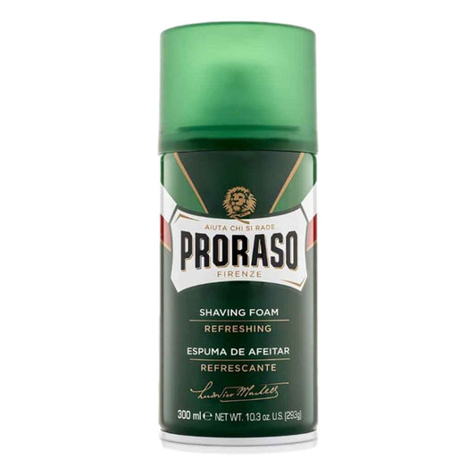 Proraso Green Shaving Foam 300ml aerosol with eucalyptus oil and menthol for a fresh comfortable shave