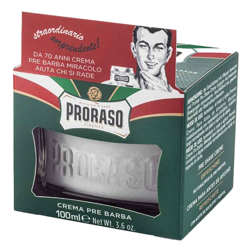 Proraso Green Pre-Shave Cream 100ml with eucalyptus oil and menthol for comfortable shaving box packaging