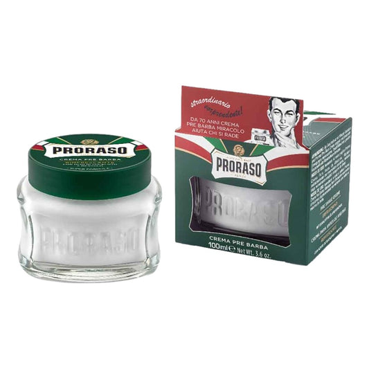 Proraso Green Pre-Shave Cream 100ml with eucalyptus oil and menthol for comfortable shaving with packaging