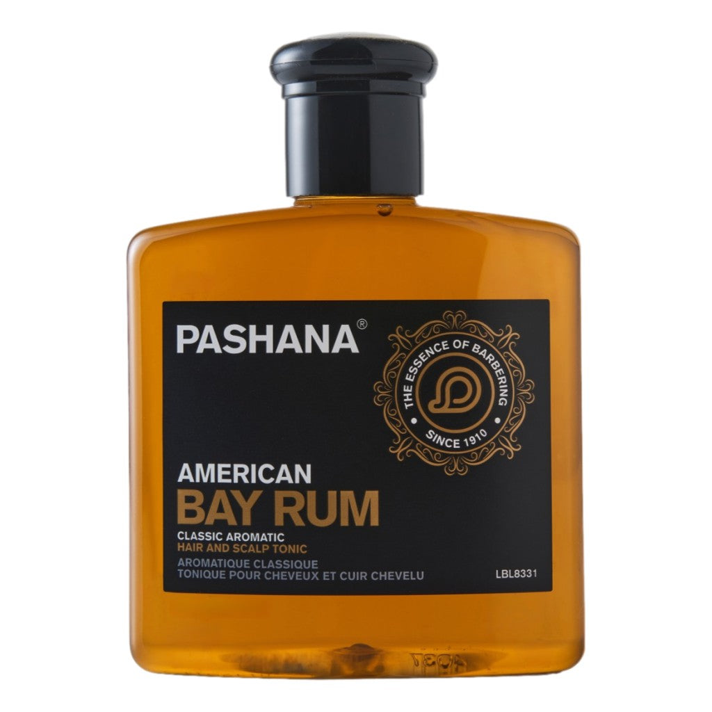 Pashana American Bay Rum Hair and Scalp Tonic 250ml with amber-coloured liquid in a clear bottle, black cap, and ornate black and gold label.